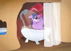 Size: 2836x2026 | Tagged: safe, artist:emkay-mlp, character:twilight sparkle, character:twilight sparkle (alicorn), species:alicorn, species:pony, bath, bathtub, book, female, mare, reading, shower, solo, wet mane