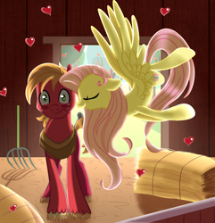 Size: 2500x2594 | Tagged: safe, artist:frostykat13, artist:vocalmaker, character:big mcintosh, character:fluttershy, species:earth pony, species:pony, ship:fluttermac, backlighting, barn, kissing, male, shipping, stallion, straight, surprise kiss, surprised