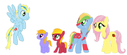 Size: 1000x440 | Tagged: safe, artist:karmadash, character:applejack, oc, oc only, oc:ambrosia pip, oc:apple crumble, oc:apple crunch, oc:apple slash, oc:zapple, oc:zappletta, parent:applejack, parent:big macintosh, parent:braeburn, parent:fluttershy, parent:rainbow dash, parent:soarin', parents:braeshy, parents:rainbowmac, parents:soarinjack, species:earth pony, species:pegasus, species:pony, family, flying, looking up, offspring, pony with birthmarks, spread wings, wings