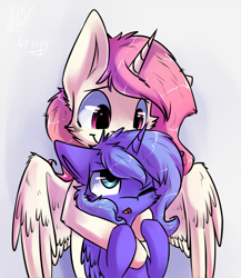 Size: 1157x1336 | Tagged: safe, artist:suplolnope, character:princess celestia, character:princess luna, :o, cewestia, cheek fluff, cute, filly, floppy ears, fluffy, hug, messy mane, open mouth, s1 luna, smiling, sweet dreams fuel, wing fluff, wink, woona, younger