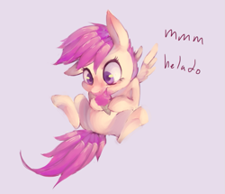 Size: 995x856 | Tagged: safe, artist:spanish-scoot, character:scootaloo, species:pegasus, species:pony, cute, cutealoo, eating, female, happy, ice cream, licking, simple background, sitting, smiling, solo, underhoof
