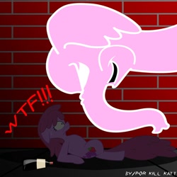 Size: 1500x1500 | Tagged: safe, artist:killkatt, character:berry punch, character:berryshine, species:earth pony, species:pony, g4, 666, brick wall, crossover, disney, drunk, dumbo, female, frown, mare, on back, photoshop, pink elephants, pink elephants on parade, scared, wat, wavy mouth, wide eyes, wtf