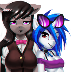 Size: 1280x1293 | Tagged: safe, artist:dclzexon, character:dj pon-3, character:octavia melody, character:vinyl scratch, species:anthro, breasts, busty octavia, female, octavia is not amused, unamused, vinyl