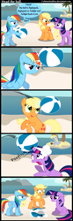 Size: 512x1536 | Tagged: safe, artist:coltsteelstallion, character:applejack, character:derpy hooves, character:rainbow dash, character:twilight sparkle, species:pegasus, species:pony, ball, beach, comic, female, mare