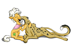 Size: 1316x849 | Tagged: safe, artist:28gooddays, character:goldie delicious, species:earth pony, species:pony, animal, cat, cheetah, crazy cat lady, dotty, duo, eyes closed, female, floppy ears, goldie delicious' cats, mare, pet, simple background, sitting, white background