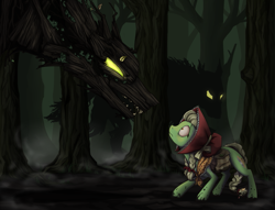 Size: 1521x1162 | Tagged: dead source, safe, artist:28gooddays, character:granny smith, bonnet, dark, forest, little red riding hood, red riding hood, saddle bag, timber wolf, young, young granny smith, younger
