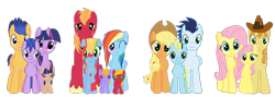 Size: 1190x425 | Tagged: safe, artist:karmadash, character:applejack, character:big mcintosh, character:braeburn, character:flash sentry, character:fluttershy, character:rainbow dash, character:soarin', character:twilight sparkle, character:twilight sparkle (alicorn), oc, oc:apple crumble, oc:apple crunch, oc:apple slash, oc:night shine, oc:zapple, oc:zappletta, parent:applejack, parent:big macintosh, parent:braeburn, parent:flash sentry, parent:fluttershy, parent:rainbow dash, parent:soarin', parent:twilight sparkle, parents:braeshy, parents:flashlight, parents:rainbowmac, parents:soarinjack, species:alicorn, species:pony, ship:braeshy, ship:flashlight, ship:rainbowmac, ship:soarinjack, baby, baby ponies, baby pony, fanfic art, female, male, mare, offspring, pony with birthmarks, shipping, short hair rainbow dash, straight
