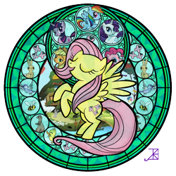 Size: 720x720 | Tagged: safe, artist:akili-amethyst, character:applejack, character:fluttershy, character:pinkie pie, character:rainbow dash, character:rarity, character:twilight sparkle, species:bird, species:duck, bee, butterfly, dive to the heart, ferret, kingdom hearts, stained glass