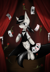 Size: 758x1089 | Tagged: safe, artist:ninjapony, oc, oc only, oc:ace sleeves, bow tie, card, clothing, commission, curtains, fedora, hat, magic, magic show, magic trick, playing card, rose, solo, stage, tattoo, waistcoat
