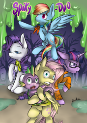 Size: 800x1131 | Tagged: safe, artist:moenkin, character:fluttershy, character:rainbow dash, character:rarity, character:spike, character:twilight sparkle, cosplay, crossover, daphne blake, forest, fred jones, glasses, goo, night, poster, scared, scooby doo, shaggy rogers, velma dinkley