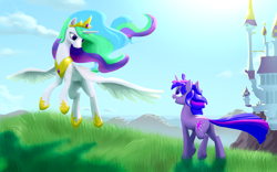 Size: 5775x3612 | Tagged: safe, artist:nadnerbd, character:princess celestia, character:twilight sparkle, species:alicorn, species:pony, species:unicorn, canterlot castle, female, mare, smiling, spread wings, wings
