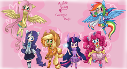 Size: 1651x897 | Tagged: safe, artist:mahoxyshoujo, artist:ponygoggles, character:applejack, character:fluttershy, character:pinkie pie, character:rainbow dash, character:rarity, character:twilight sparkle, clothing, dress, eared humanization, flying, horned humanization, humanized, mane six, scarf, skirt, sweater, sweatershy, tailed humanization, winged humanization