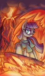 Size: 693x1153 | Tagged: safe, artist:cazra, character:maud pie, species:earth pony, species:pony, female, hot, lava, lava surfing, magma, rock, solo, surfing, volcano