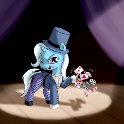 Size: 800x800 | Tagged: safe, artist:fadri, character:discord, character:trixie, species:pony, species:unicorn, card, clothing, cosplay, female, fishnets, gloves, hat, hoof gloves, magic trick, magic wand, magician, mare, solo, spotlight, stage, tailcoat, top hat, zatanna