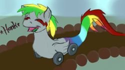 Size: 1612x908 | Tagged: safe, artist:wesleyfoxx, oc, oc only, oc:wheely bopper, eyes closed, honk, hybrid, monster pony, open mouth, original species, smiling, solo, tatzlpony, wat, what has science done, wheelpone