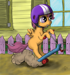 Size: 896x960 | Tagged: safe, artist:mik3thestrange, character:scootaloo, species:pegasus, species:pony, dust cloud, female, fence, filly, scooter
