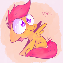 Size: 1000x1000 | Tagged: safe, artist:spanish-scoot, character:scootaloo, species:pegasus, species:pony, female, filly, floppy ears, looking up, sitting, smiling, solo, uguu