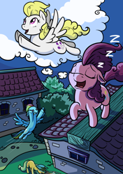 Size: 984x1400 | Tagged: safe, artist:28gooddays, character:applejack, character:pinkie pie, character:rainbow dash, character:surprise, g1, dream, sleeping, sleepwalking, this will end in pain, trampoline, zzz