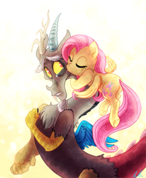 Size: 875x1062 | Tagged: safe, artist:c-puff, character:discord, character:fluttershy, species:draconequus, species:pegasus, species:pony, ship:discoshy, butt, chest fluff, comforting, crying, cute, digital art, discute, eyes closed, female, fluffy, flutterbutt, flying, frown, hand on chest, heartwarming, hug, kissing, male, mare, plot, sad, shipping, shyabetes, signature, straight, sweet dreams fuel