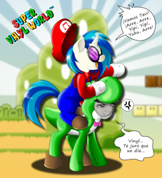 Size: 2473x2722 | Tagged: safe, artist:shinta-girl, artist:taekwon-magic, character:dj pon-3, character:octavia melody, character:vinyl scratch, background pony, clothing, costume, mario, nintendo, octavia is not amused, ponies riding ponies, spanish, super mario bros., super mario world, translated in the comments, unamused, yoshi