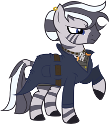 Size: 2424x2760 | Tagged: safe, artist:duskthebatpack, oc, oc only, oc:asya, species:pony, species:zebra, clothing, coat, earring, female, frown, glare, mare, necklace, raised hoof, simple background, solo, transparent background, vector