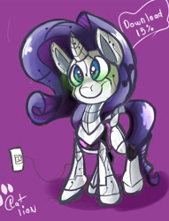 Size: 3196x4174 | Tagged: source needed, useless source url, safe, artist:catlion3, character:rarity, species:pony, species:unicorn, charging, download, etc, female, glowing eyes, hooves, horn, mare, plug, purple background, raribot, robot, robot pony, simple background, smiling, solo, text