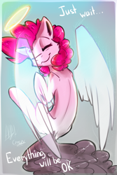 Size: 1000x1500 | Tagged: safe, artist:suplolnope, character:pinkie pie, angel, eyes closed, female, halo, happy, implied death, smiling, solo, wings