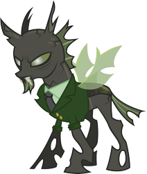 Size: 2335x2756 | Tagged: safe, artist:duskthebatpack, oc, oc only, oc:ruse, species:changeling, clothing, frown, glare, goatee, green changeling, necktie, old, simple background, solo, suit, transparent background, vector