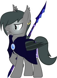 Size: 2453x3332 | Tagged: safe, artist:duskthebatpack, oc, oc only, oc:silver specter, species:bat pony, species:pony, armor, cloak, clothing, earring, frown, glare, glowing eyes, gritted teeth, male, night guard, solo, spear, stallion, weapon