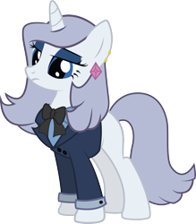 Size: 2484x2839 | Tagged: safe, artist:duskthebatpack, oc, oc only, oc:platinum decree, species:pony, species:unicorn, bow, clothing, ear piercing, earring, elegant, eyeshadow, female, frown, glare, makeup, mare, simple background, solo, suit, transparent background, unamused, vector