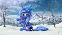 Size: 1944x1111 | Tagged: safe, artist:zigword, character:princess luna, species:alicorn, species:pony, beanie, clothing, cute, female, floppy ears, hat, lunabetes, mare, mountain, mountain range, s1 luna, scenery, scenery porn, sitting, snow, snowfall, solo, tongue out, vulgar title, winter
