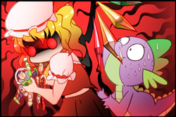 Size: 327x218 | Tagged: safe, artist:sweetsound, character:spike, buzz lightyear, cropped, crossover, flandre scarlet, sweat, sweatdrop, this will end in tears and/or death, touhou, toy story, wing bite, woody