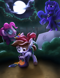 Size: 3096x3960 | Tagged: safe, artist:nadnerbd, character:pinkie pie, character:pipsqueak, character:princess luna, species:alicorn, species:earth pony, species:pony, candy, colt, everfree forest, female, food, halloween, male, mare, moon, night, pipsqueak eating spaghetti, rearing, spaghetti