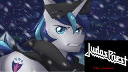 Size: 1023x576 | Tagged: safe, artist:mylittlesheepy, edit, character:shining armor, episode:the crystal empire, g4, my little pony: friendship is magic, judas priest, male, metal, scene interpretation, solo