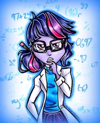 Size: 1163x1431 | Tagged: safe, artist:frostykat13, character:twilight sparkle, character:twilight sparkle (scitwi), species:eqg human, equestria girls:rainbow rocks, g4, my little pony: equestria girls, my little pony:equestria girls, clothing, female, glasses, lab coat, scientist, solo, traditional art