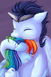 Size: 2000x3000 | Tagged: safe, artist:chiweee, character:rainbow dash, character:soarin', fanfic:piercing the heavens, ship:soarindash, crying, cuddling, eyes closed, fake horn, fanfic, fanfic art, female, horn, hug, male, sad, shipping, snuggling, straight