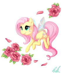 Size: 830x967 | Tagged: safe, artist:c-puff, character:fluttershy, species:breezies, alternate design, female, rose, simple background, smiling, solo