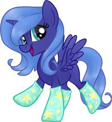 Size: 3983x4340 | Tagged: safe, artist:frostykat13, character:princess luna, absurd resolution, clothing, female, filly, s1 luna, simple background, smiling, socks, solo, spread wings, wings, woona