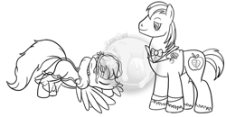 Size: 664x346 | Tagged: safe, artist:karmadash, character:big mcintosh, character:rainbow dash, species:earth pony, species:pony, ship:rainbowmac, alternate hairstyle, bow tie, clothing, fanfic art, flower, headcanon, lineart, male, monochrome, rainbow dash always dresses in style, shipping, sketch, stallion, straight, suit, wedding, wip