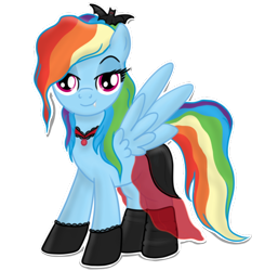 Size: 536x547 | Tagged: safe, artist:karmadash, character:rainbow dash, species:bat, bedroom eyes, boots, clothing, dress, female, gloves, necklace, rainbow dash always dresses in style, solo, vampire, vampony