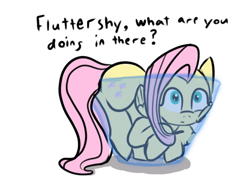 Size: 554x413 | Tagged: safe, artist:tanmansmantan, character:fluttershy, behaving like a cat, bowl, cute, dialogue, female, if i fits i sits, shyabetes, simple background, solo, underwater, water, white background