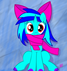 Size: 1024x1078 | Tagged: safe, artist:yuradhear, oc, oc only, oc:coldtooth, species:pony, species:unicorn, bow, clothing, looking at you, scarf, simple background, solo