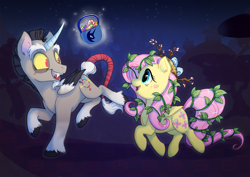 Size: 1241x877 | Tagged: safe, artist:c-puff, character:discord, character:fluttershy, species:alicorn, species:pegasus, species:pony, branches, candy, candy bag, candy cane, clothing, costume, cute, dark, digital art, discute, duo, duo male and female, egg, fangs, female, food, leaves, levitation, looking at each other, magic, male, mare, nest, night, night sky, nightmare night, nightmare night costume, open mouth, ponified, pony discord, shyabetes, sky, smiling, stallion, stars, stick, telekinesis, tree, trotting