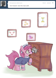 Size: 639x891 | Tagged: safe, artist:haute-claire, character:ruby pinch, ask, ask ruby pinch, clothing, duster, dusting, female, filly, french maid, furniture, maid, solo, tumblr