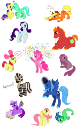 Size: 1250x2000 | Tagged: safe, artist:c-puff, character:apple bloom, character:applejack, character:big mcintosh, character:bon bon, character:fluttershy, character:lyra heartstrings, character:pinkamena diane pie, character:pinkie pie, character:princess luna, character:rarity, character:spike, character:sweetie drops, character:twilight sparkle, character:zecora, species:dragon, species:earth pony, species:pony, species:sea pony, species:zebra, ship:lyrabon, g1, adorabon, apple bloom's bow, applejack's hat, baby, baby dragon, bipedal, book, bow, braid, clothing, confetti, cowboy hat, cute, dialogue, digital art, ear piercing, earring, eyes closed, female, filly, foal, g1betes, hair bow, hat, heart, jewelry, kissing, lesbian, lyrabetes, macabetes, magic, male, mare, one hoof raised, open mouth, piercing, sea shimmer, shipping, simple background, sitting, sketch dump, smiling, stallion, standing, transparent background, twice as fancy, twice as fancy ponies, wall of tags, zecorable