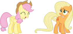 Size: 1500x703 | Tagged: safe, artist:flizzick, artist:rolin11, artist:thatguy1945, character:applejack, character:fluttershy, accessory swap, alternate hairstyle, mane swap, simple background, transparent background