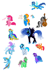 Size: 1250x1857 | Tagged: safe, artist:c-puff, character:dj pon-3, character:fizzy, character:nightmare moon, character:octavia melody, character:pinkie pie, character:princess luna, character:rainbow dash, character:scootaloo, character:soarin', character:spitfire, character:trixie, character:twilight sparkle, character:vinyl scratch, species:pegasus, species:pony, g1, bipedal, blood, cello, clothing, dialogue, dress, eyes closed, flying, gala dress, goggles, headphones, musical instrument, nosebleed, nothing at all, simple background, sketch dump, the simpsons, transparent background, wonderbolts, wonderbolts uniform