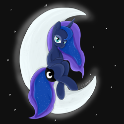 Size: 3500x3500 | Tagged: safe, artist:fauzart, character:princess luna, female, moon, sitting, smirk, solo, tangible heavenly object