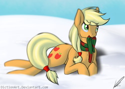 Size: 1024x734 | Tagged: safe, artist:diction, character:applejack, clothing, female, mouth hold, prone, scarf, snow, solo