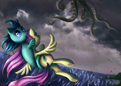 Size: 1241x877 | Tagged: safe, artist:c-puff, character:fluttershy, character:wavedancer, species:sea pony, g1, duo, kraken, tentacles